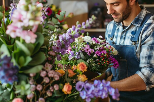 Florista masculino fazendo um belo buquê em uma florista moderna Closeup