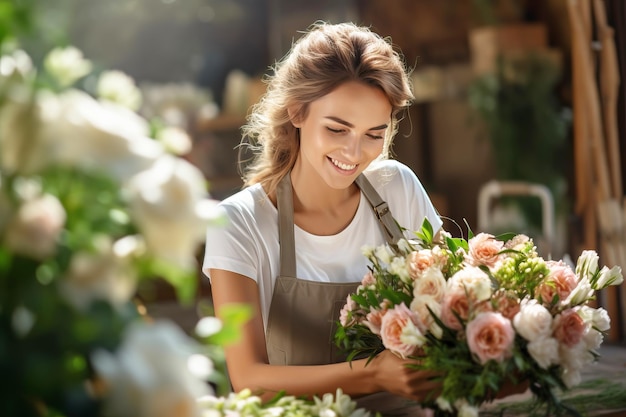 Florista mulher bonita criando buquê em florista Pequeno negócio Ilustração de IA gerativa