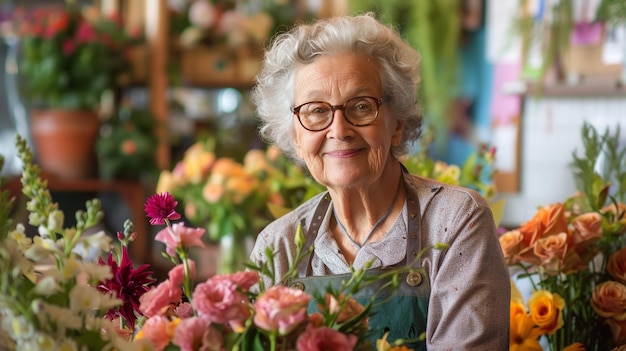 Florista mulher sênior recolhendo buquês em loja de flores Startup de pequeno negócio de sucesso
