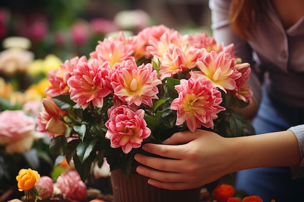 Florista no trabalho arranjando um buquê colorido em sua loja