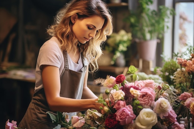 Una florista recoge un hermoso ramo de flores en una floristería