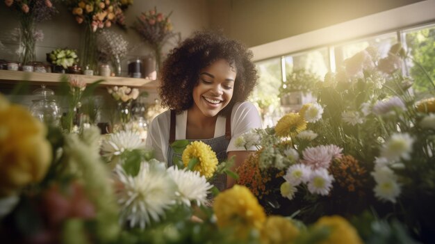 Florista sonriente mujer negra vendedora de flores en una tienda de flores mujer atractiva trabaja con un ramo de hermosas flores en la tienda diseñador floral feliz manejando flores negocio de floristería IA generativa