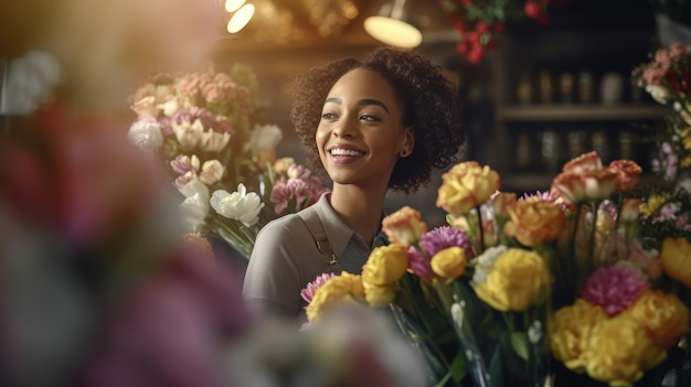Florista sonriente mujer negra vendedora de flores en una tienda de flores mujer atractiva trabaja con un ramo de hermosas flores en la tienda feliz diseñador floral manejo de flores negocio de floristería IA generativa