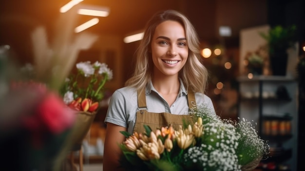 Florista sonriente vendedora de flores en una tienda de flores mujer atractiva trabaja con un ramo de hermosas flores frescas en la tienda diseñador floral feliz manejando flores negocio de floristería IA generativa