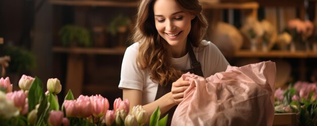 El florista de la sonrisa del retrato prepara un ramo de flores en una tienda de floristas