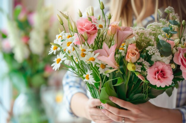 Florista sostiene un ramo con flores frescas de primavera IA generativa