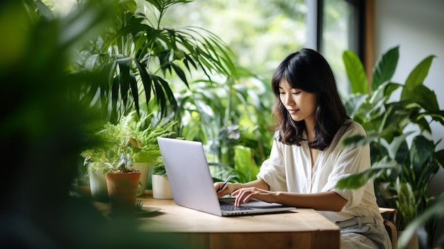 El florista trabaja en su pequeño negocio navega por Internet en busca de información sobre plantas