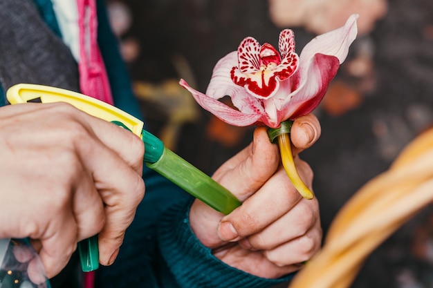 El florista en el trabajo hace un moderno y moderno ramo de flores diferentes