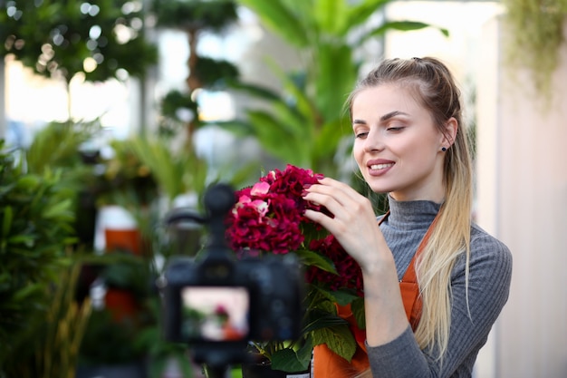 Florista Vlogger Touching Red Hydrangea Flower. Mulher bonita olhando Hortensia florescendo no vaso de flores. Menina que grava em casa Vlog da planta para jardineiro