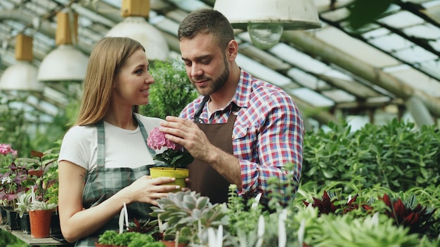 Floristas de mulher e homem de avental falando e discutindo sobre flores