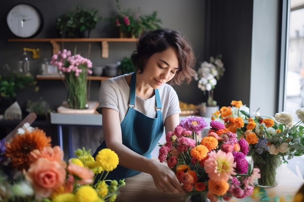 Floristería creativa preparando y decorando un ramo en una floristería.