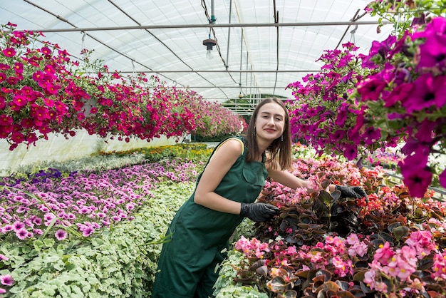 Floristería femenina en monos se encarga de las flores en un invernadero