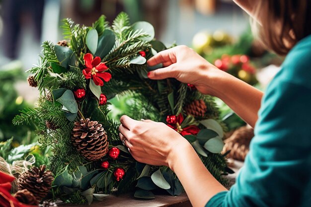 Floristería haciendo una hermosa corona navideña Imagen generativa de Ai