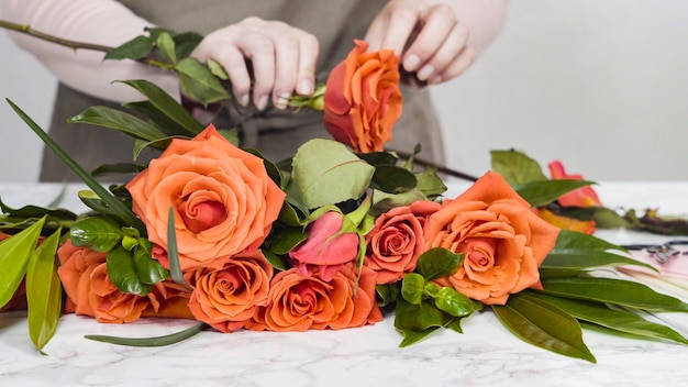 Floristería podando rosas rojas para arreglos de ramo.