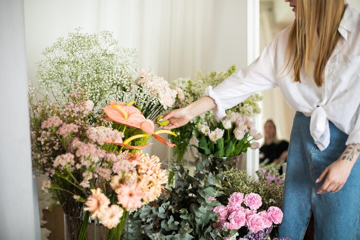 Floristería en el trabajo mujer haciendo ramo moderno de moda de diferentes flores