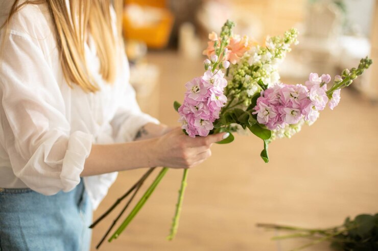 Floristería en el trabajo mujer haciendo ramo moderno de moda de diferentes flores