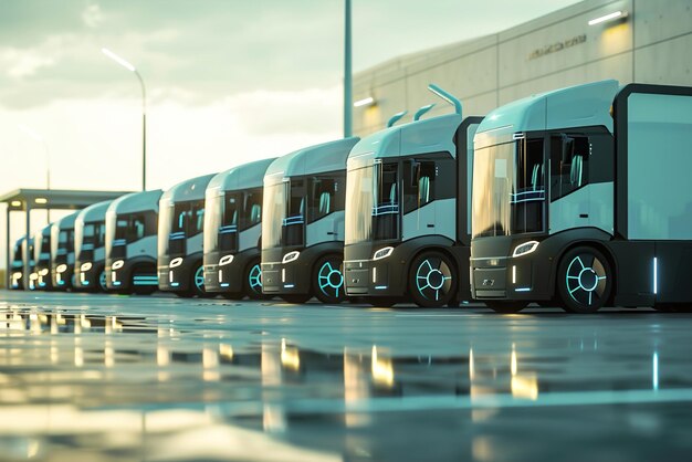 Foto una flota de camiones eléctricos carga en un depósito futurista hacia el transporte sostenible en