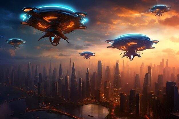 Una flota de drones flotando sobre una ilustración futurista del horizonte