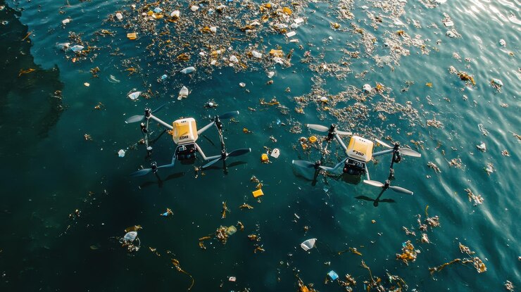 Flota de drones de limpieza de microplásticos estilo de gestión de residuos oceánicos por idea24club