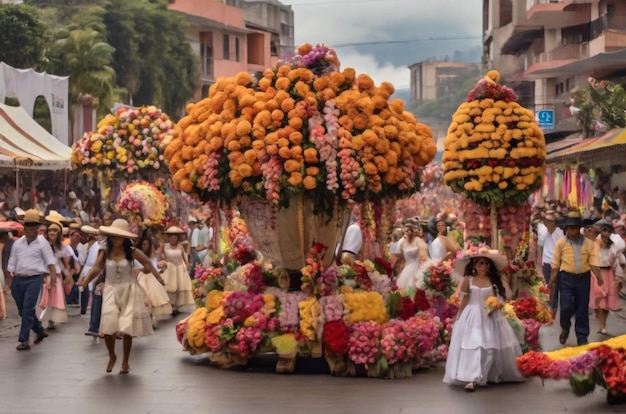 Foto un flotador de flores con una chica en un sombrero y flores