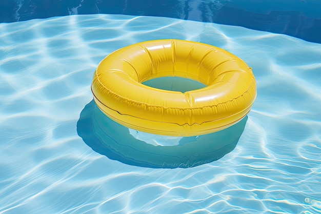 Un flotador de piscina amarillo vibrante se desliza sobre las aguas frescas de una piscina azul brillante