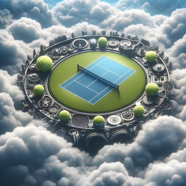 Flotando en medio de nubes esponjosas una cancha de tenis materializa su superficie prístina en contraste con la et