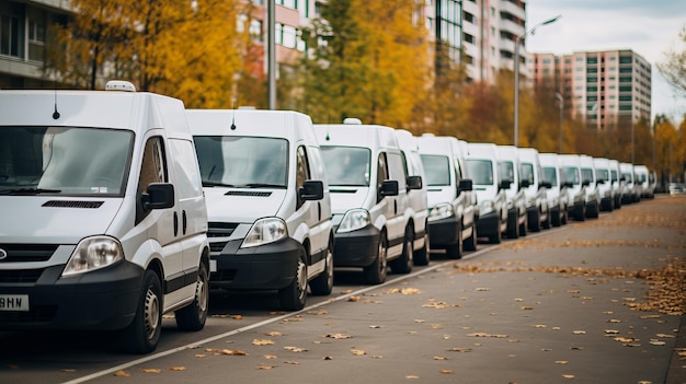 Foto flotte weißer lieferwagen, die an einem klaren tag in einem geräumigen und gut beleuchteten parkplatz geparkt sind