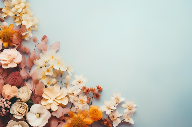 Flower flatlay em tabela de cor clara espaço em branco à direita