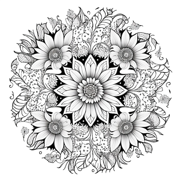 Flower Mandala Gliederungsillustration für Malbuchseite Malkarte für Kinder und Erwachsene Generative KI