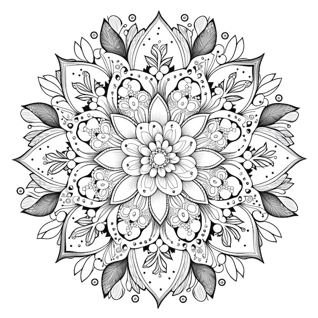 Flower Mandala Gliederungsillustration für Malbuchseite Malkarte für Kinder und Erwachsene Generative KI