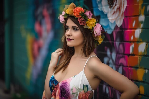 Flower power retrato de una mujer que lleva una corona de flores y un vestido vaporoso