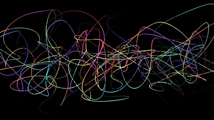 Foto fluctuaciones del movimiento de la línea enredada de color movimientos de la línea de color y curvas en fondo negro