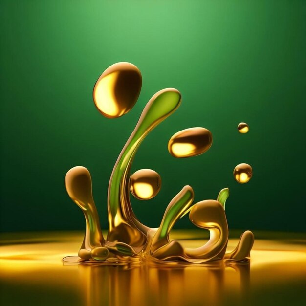 Flüssige Goldoliven und Olivenöl tanzen auf einer grünen Leinwand
