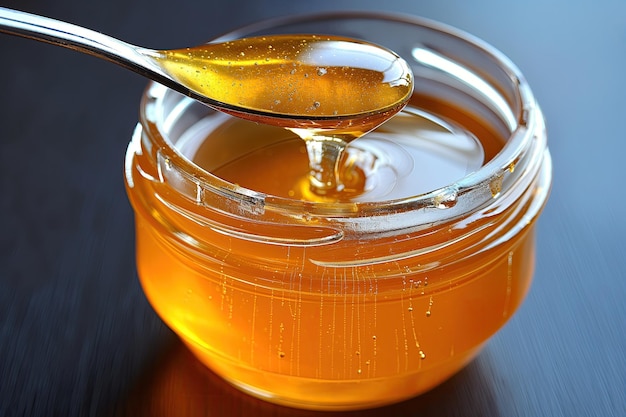Flüssiger Bernstein-Lösung, Löffel in Honigkrug, süße Zutat für Küche oder Getränk