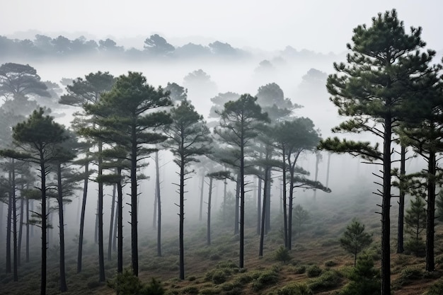 Flüstern der rätselhaften Pinuswaldlandschaft des Nebels