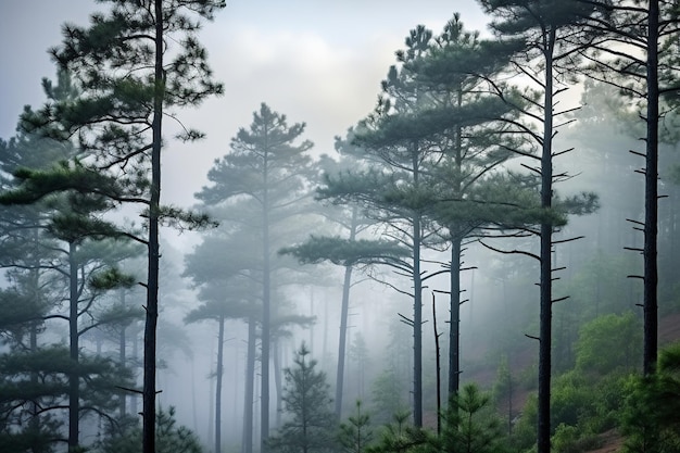 Flüstern der rätselhaften Pinuswaldlandschaft des Nebels