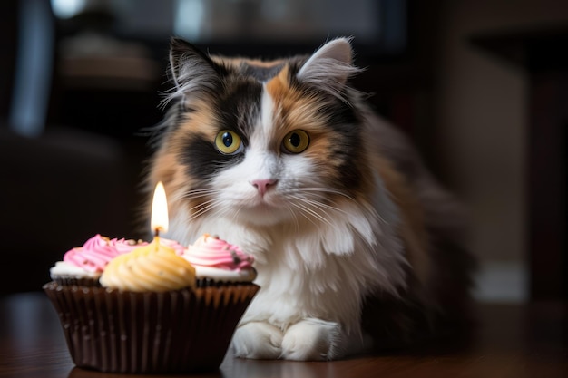 Fluffy Calico Cat Geburtstag kleiner Cupcake generative ai