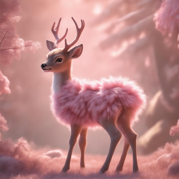 Fluffy Cute Deer Pastel Rosa claro Retro Extremadamente detallado Realista Composición perfecta Bea