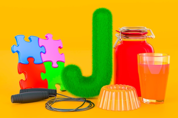 Fluffy letra J con tarro de mermelada saltar la cuerda juce rompecabezas fruta gelatina Kids ABC 3D rendering