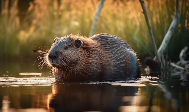 Fluffy nutria buscando comida cerca del agua generativa ai