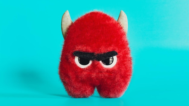 Fluffy rojo enojado monstruo diablo con cuernos juguete divertido aspecto peludo mascota 3d render