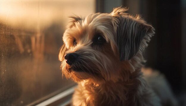 Fluffy terrier se sienta mojado en el regazo reflejando la belleza y el humor generados por IA