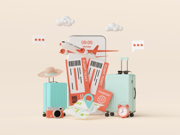 Flugbuchung Ticket kaufen oder Check-in-Anwendung auf Smartphone 3D-Illustration