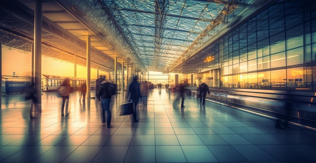 Flughafengebäude, internationales Terminal, das Menschen zur Landung drängt, verschwommener Hintergrund, KI-generiertes Bild