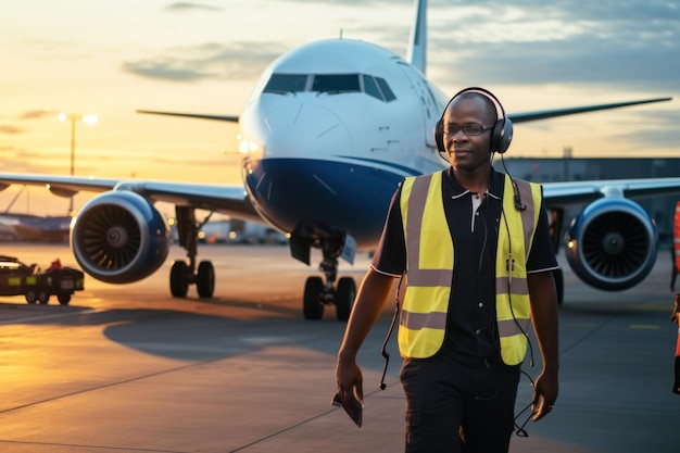 Fluglotse mit Klemmbrett unter Flugzeug am Flughafen