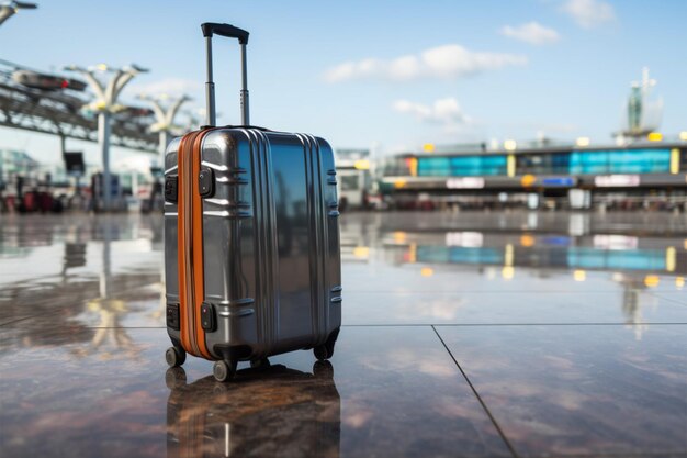 Foto flugplatzszene trolley-koffer-gepäcktasche mit informationstafelhintergrund