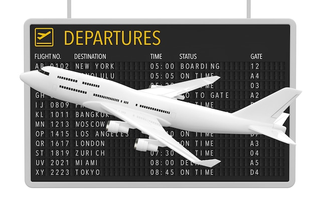 Flugreisen-Konzept. White Jet Passagierflugzeug in der Nähe von Flughafen-Abflugtabelle auf weißem Hintergrund. 3D-Rendering.