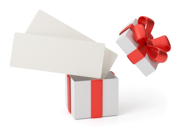 Flugticket mit offener Geschenkbox isoliert auf weißem Hintergrund Vorlage Kopieren Sie Platz für Textmodell