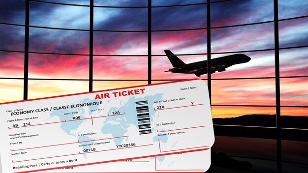 Foto flugtickets mit sonnenuntergang und flugzeugsilhouette als hintergrund