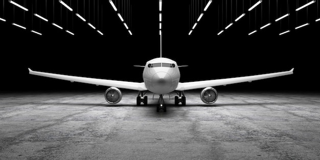 Flugzeug auf Betonboden im Hangar mit Lampenbeleuchtung